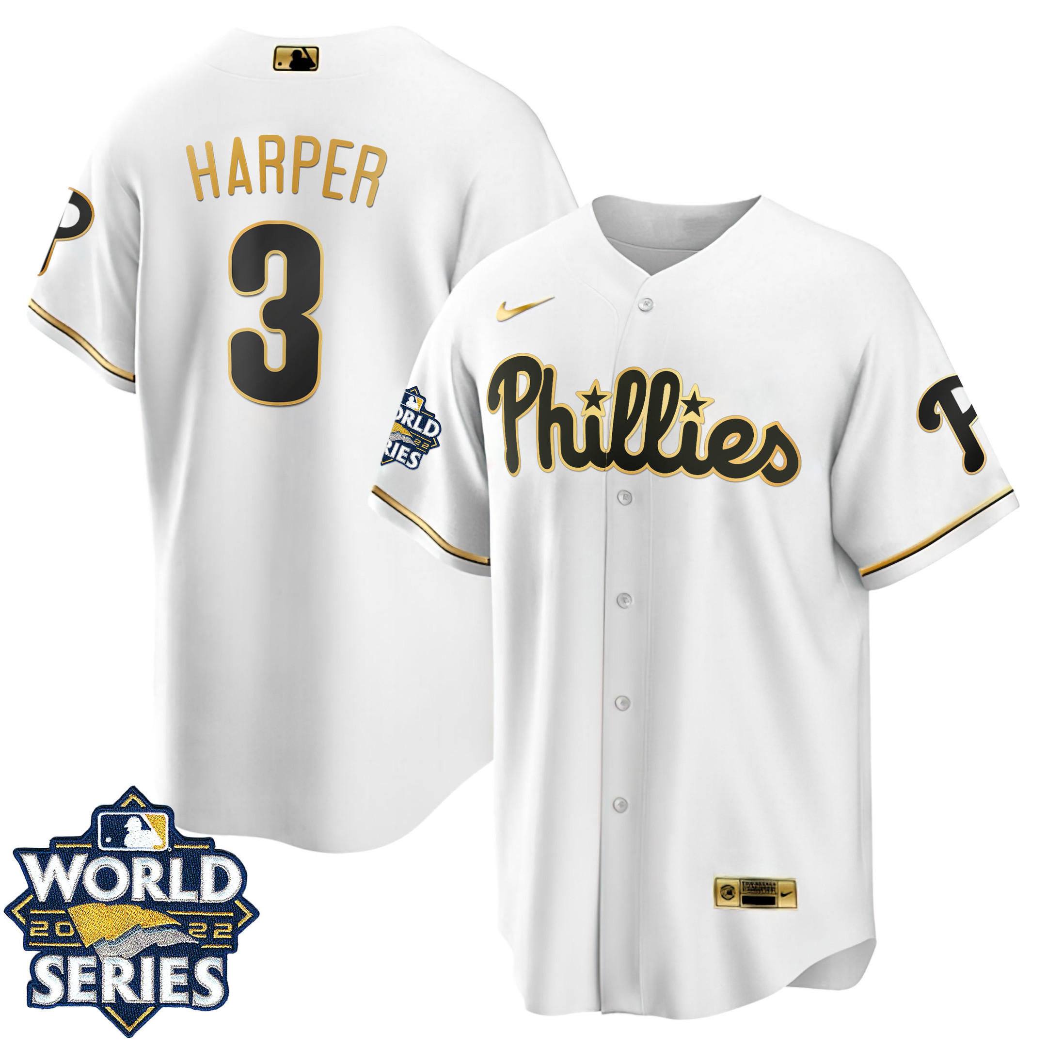 Bryce Harper Youth's Philadelphia Phillies Gold 2022 World Series Cool White Jersey - All Stitched