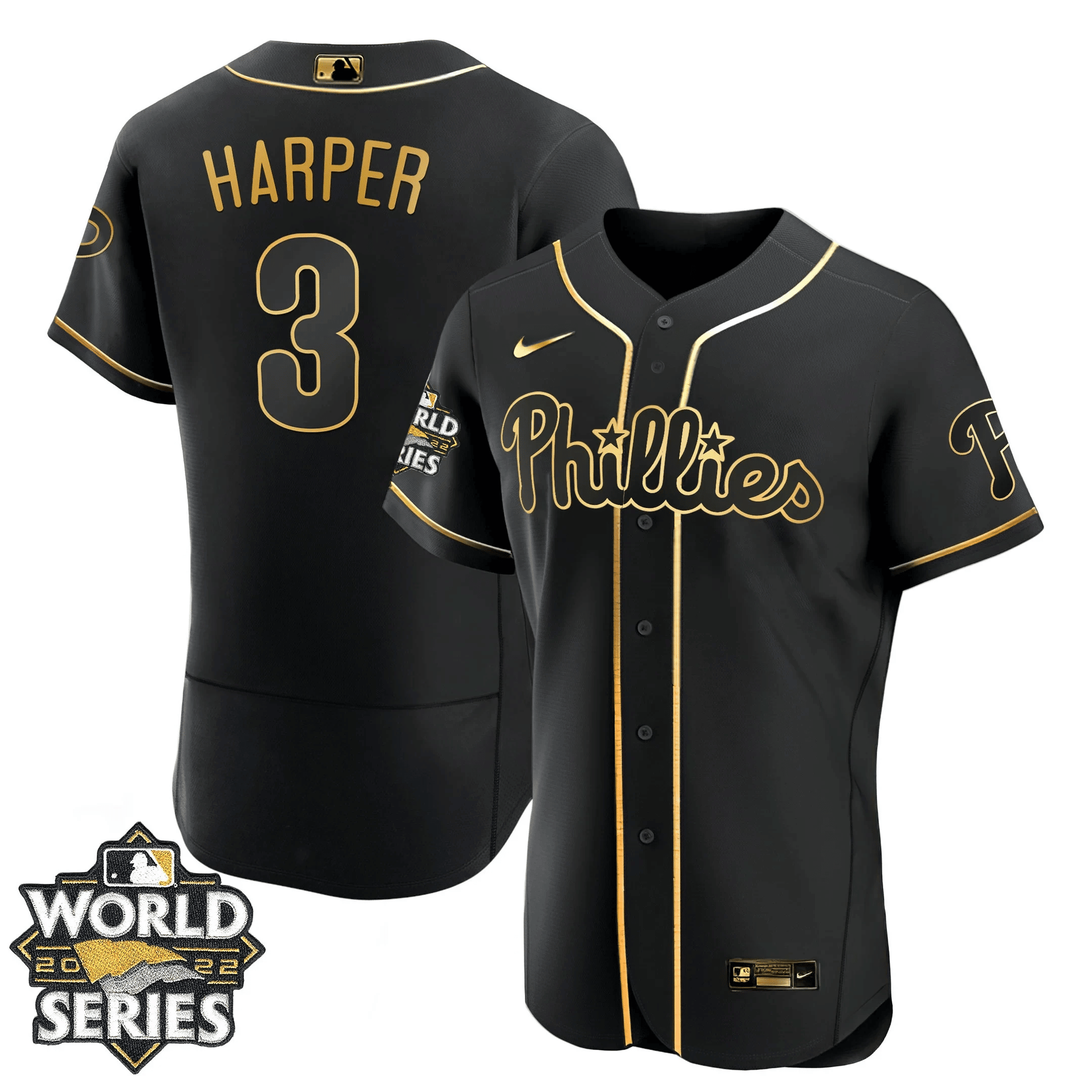 Bryce Harper Youth's Philadelphia Phillies Gold 2022 World Series Flex Black Jersey - All Stitched