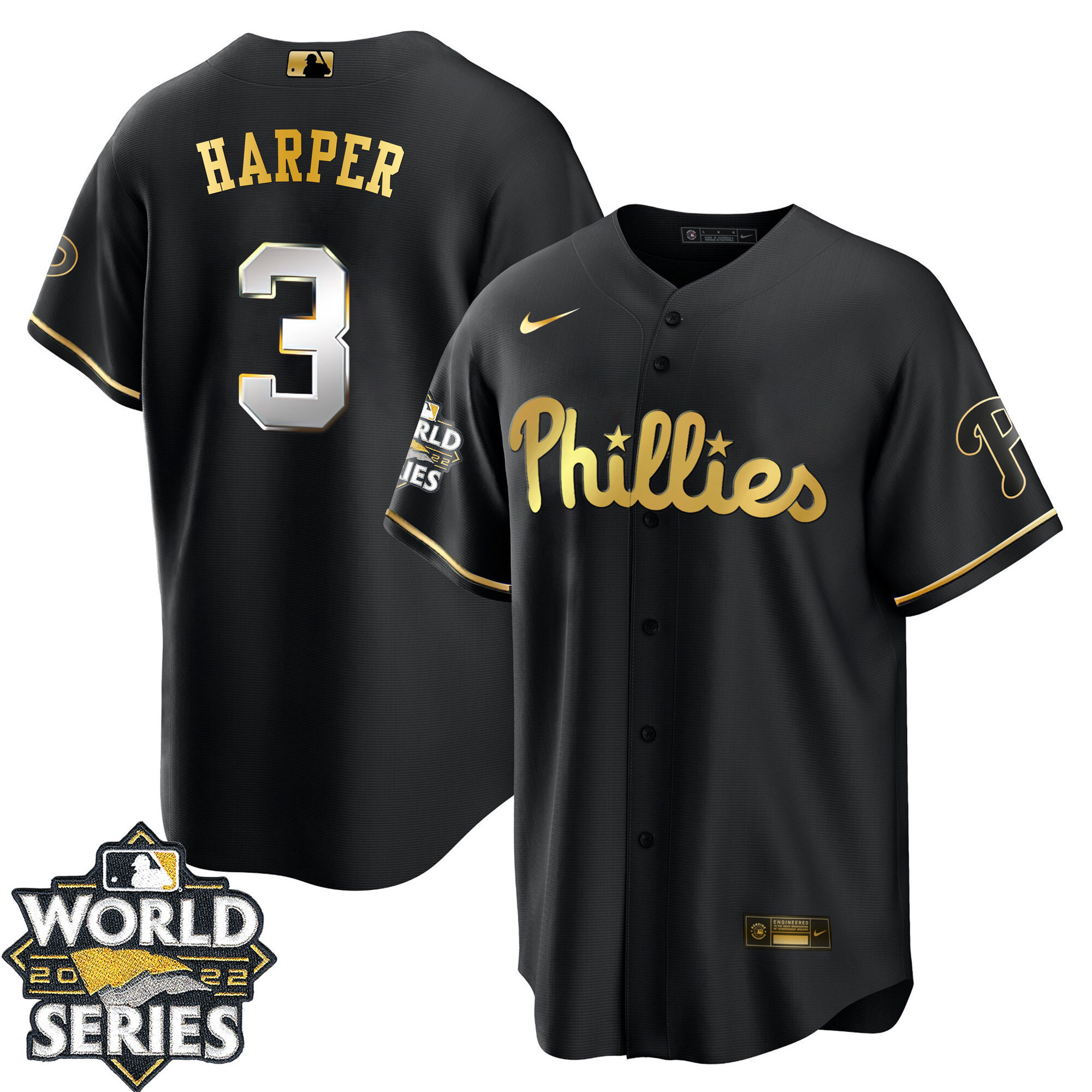 Bryce Harper Youth's Philadelphia Phillies Gold 2022 World Series Limited Cool Black Jersey - All Stitched