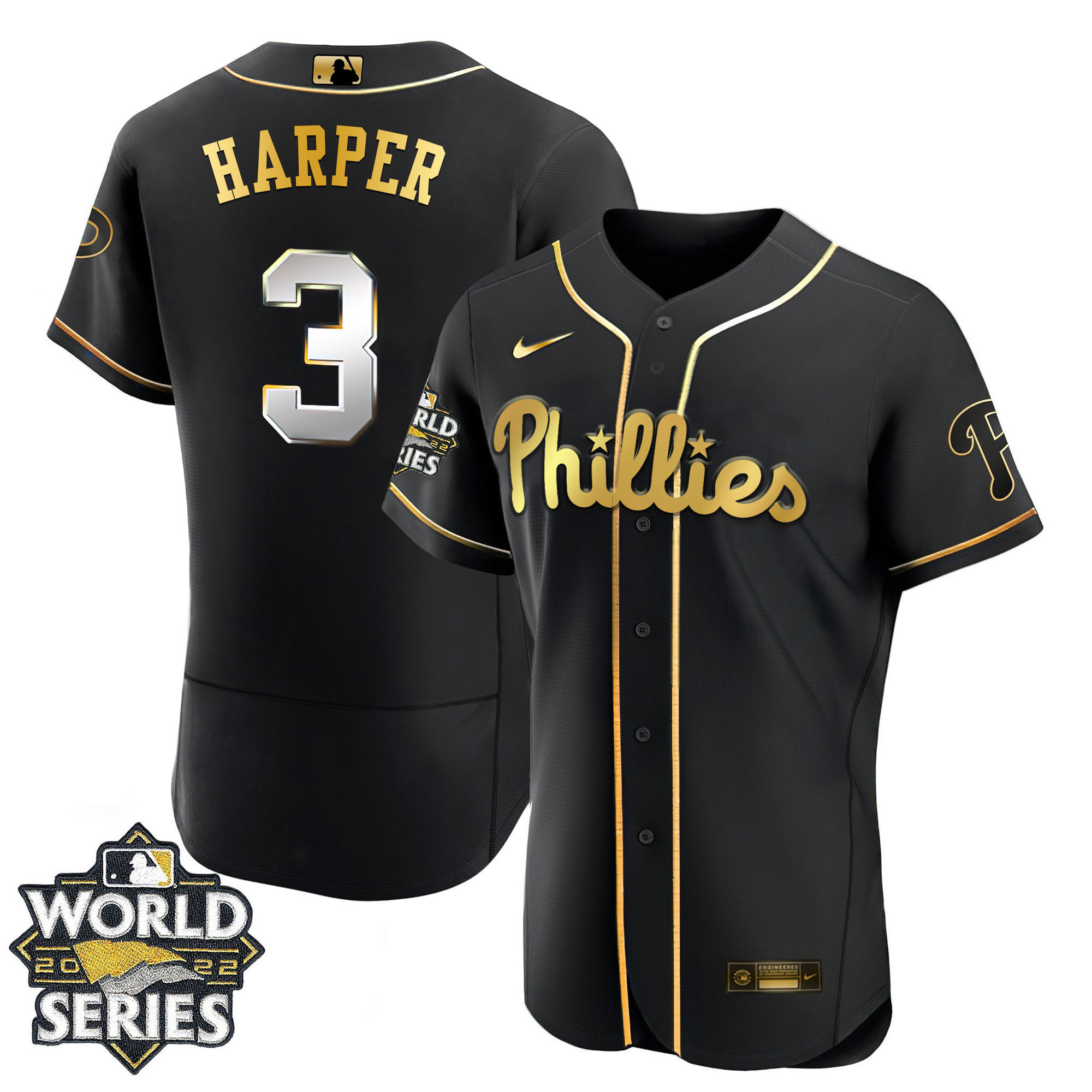 Bryce Harper Youth's Philadelphia Phillies Gold 2022 World Series Limited Flex Black Jersey - All Stitched