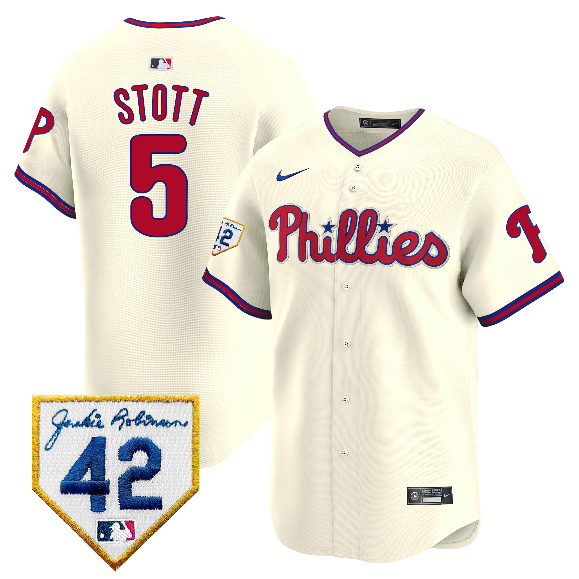 Bryson Stott Men's Philadelphia Phillies 2024 Jackie Robinson Patch Vapor Premier Limited Cream Jersey - All Stitched