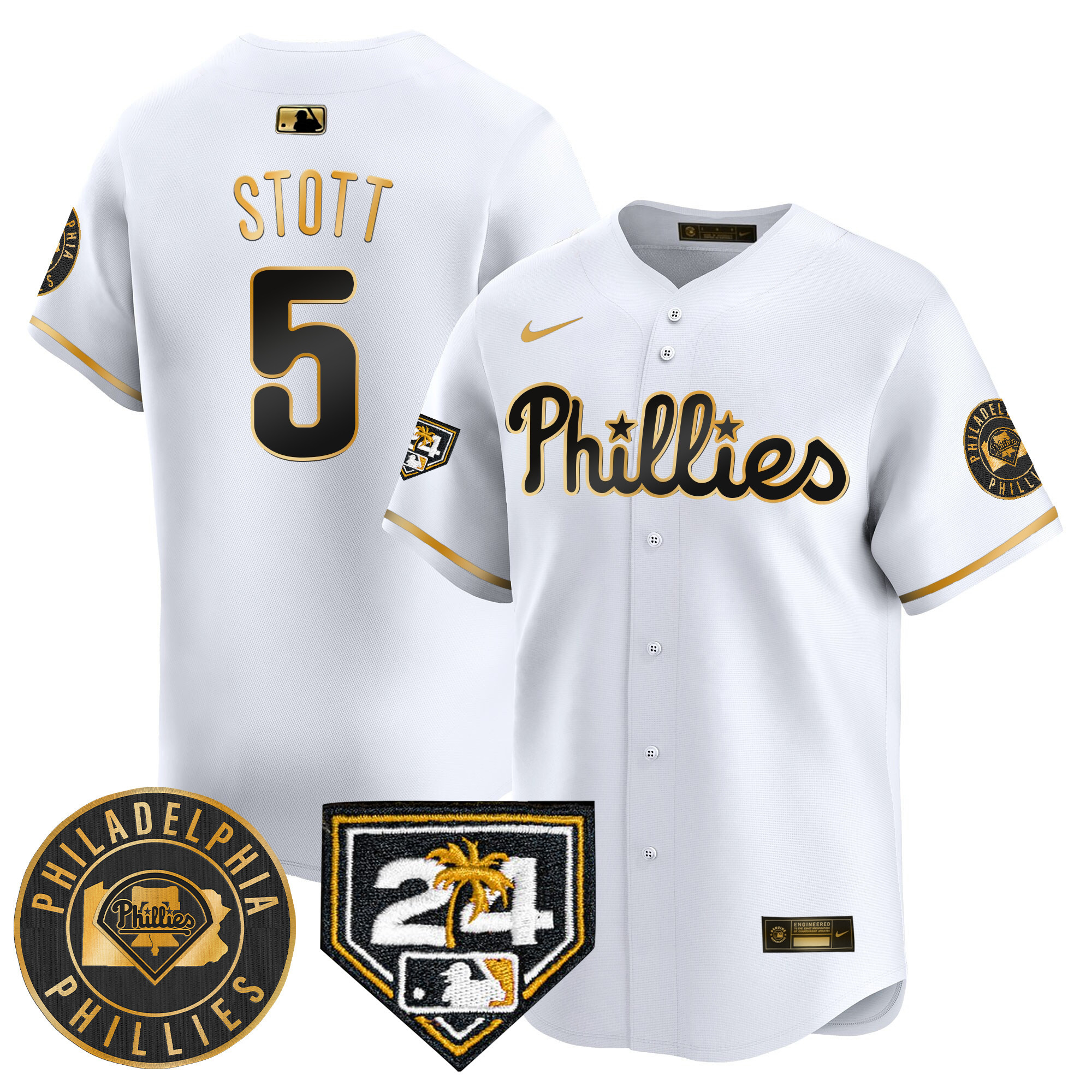 Bryson Stott Men's Philadelphia Phillies 2024 Spring Training Patch Vapor Premier Limited V2 White Gold Jersey - All Stitched