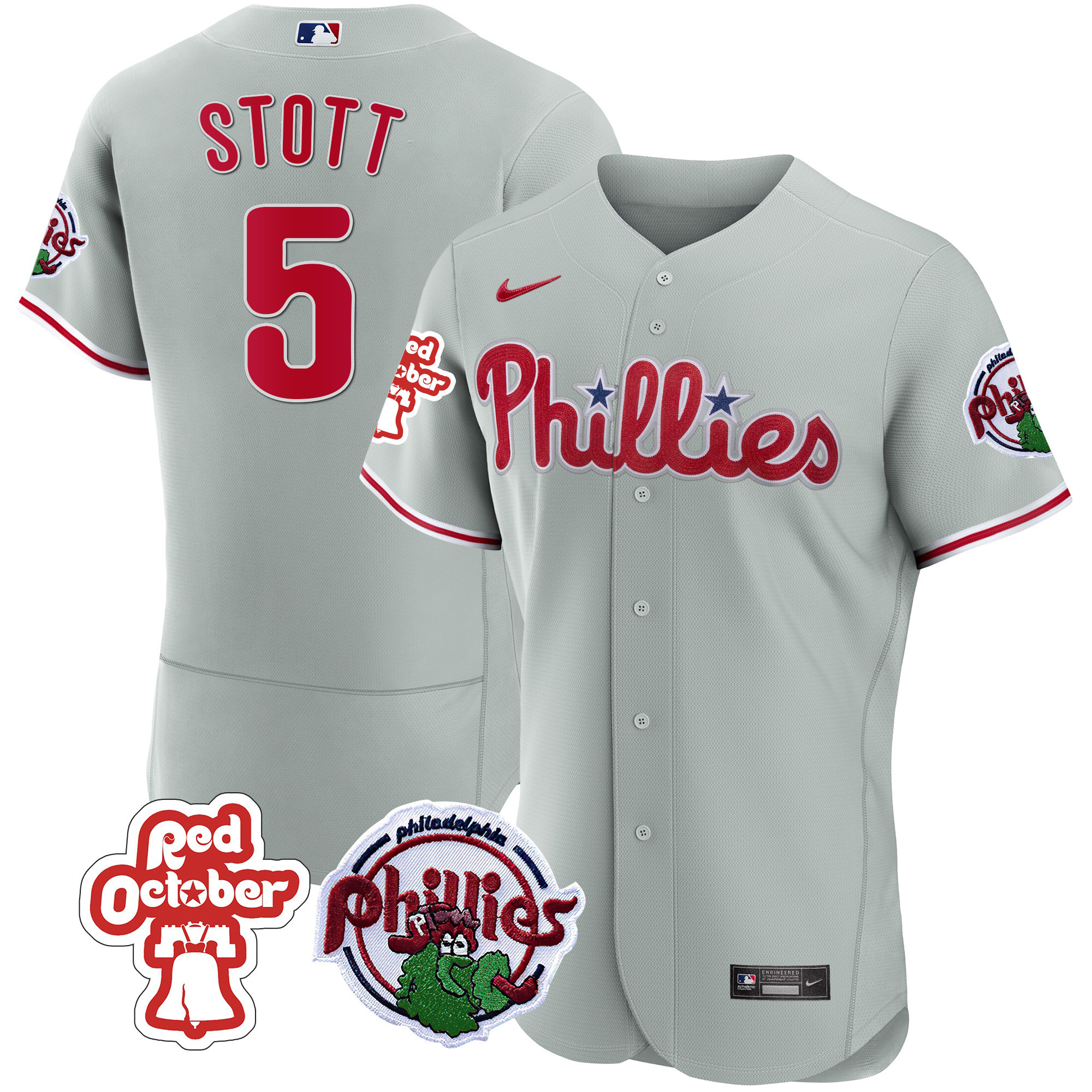 Bryson Stott Men's Philadelphia Phillies Red October Patch Flex Base Gray Jersey - All Stitched