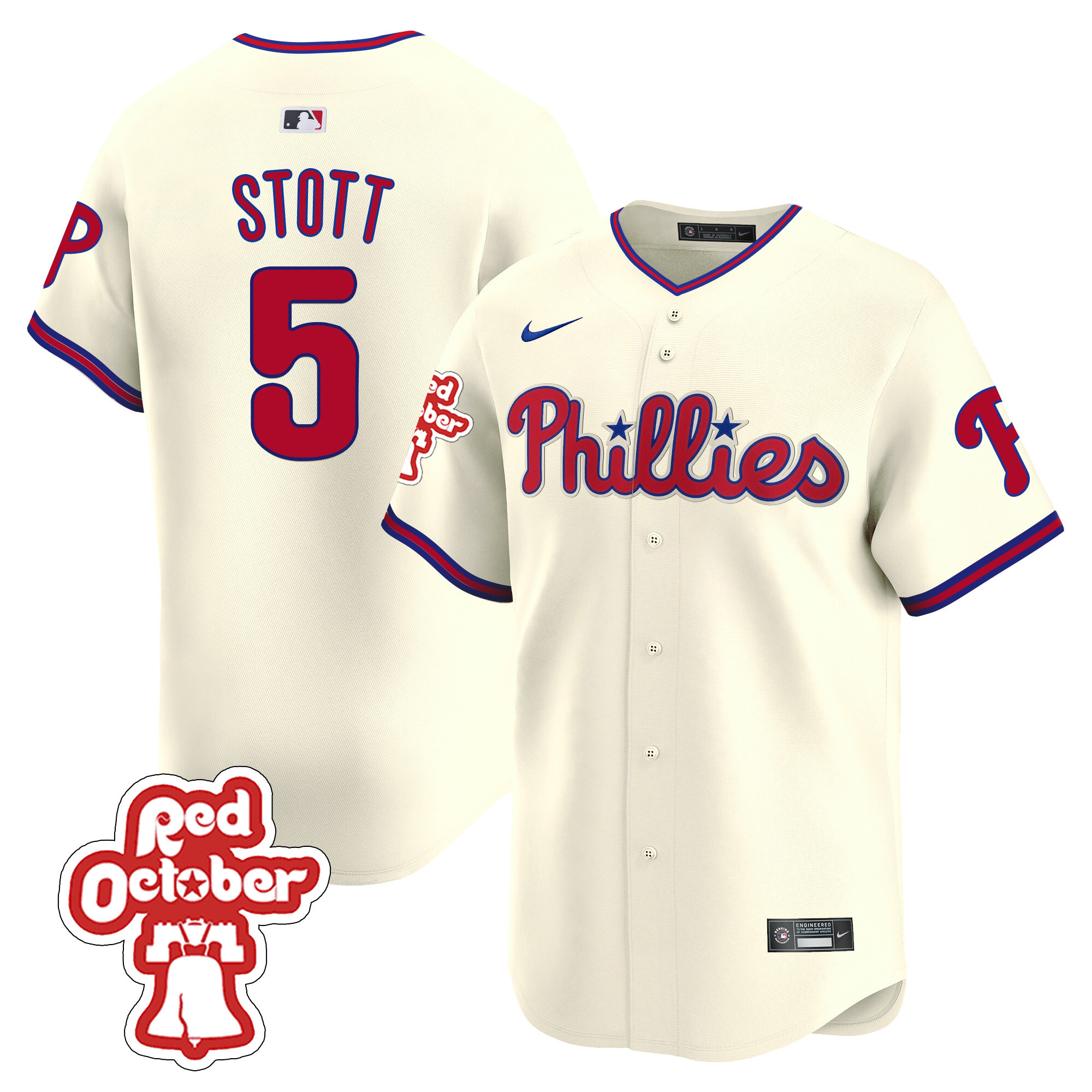 Bryson Stott Men's Philadelphia Phillies Red Octorber Patch Vapor Premier Limited Cream Jersey - All Stitched