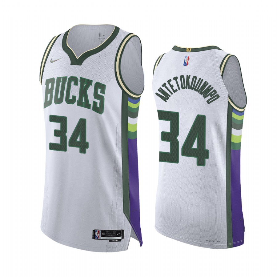Bucks #34 Giannis Antetokounmpo White Jersey NBA 75th City Edition 2021-22
