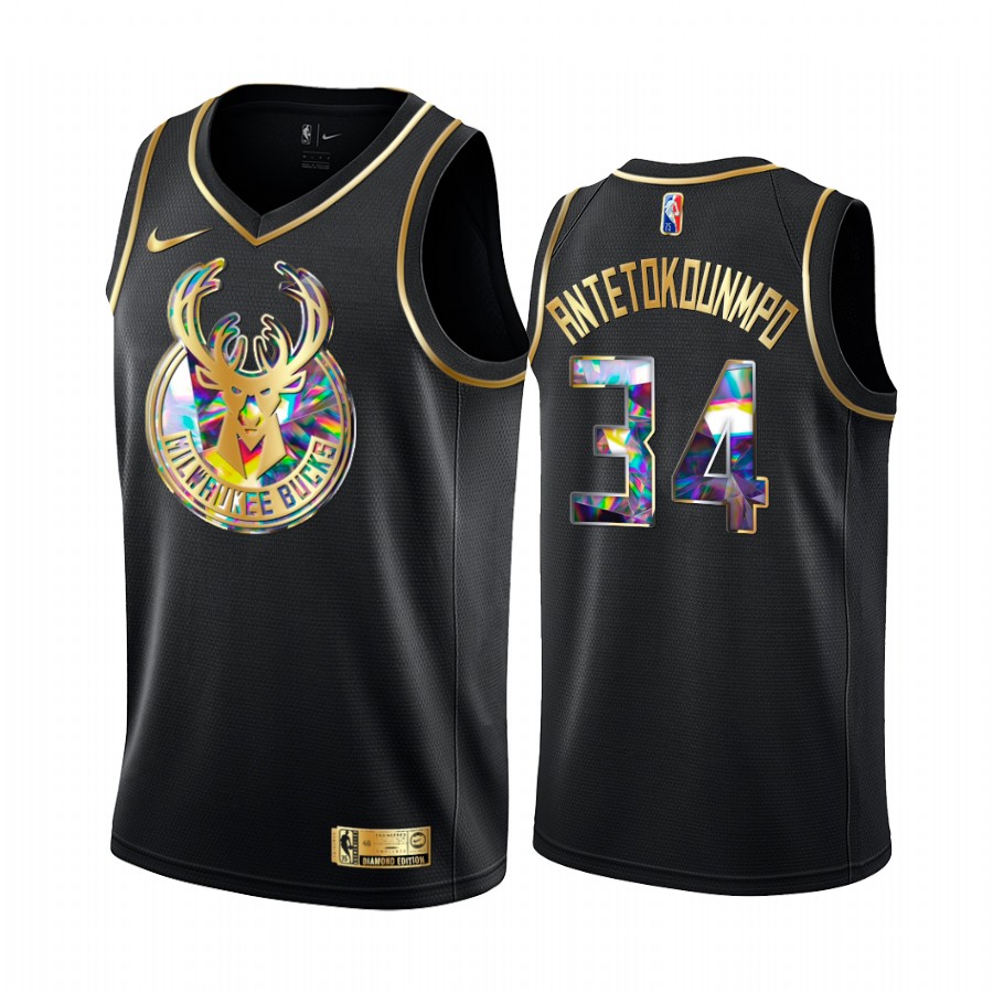 Bucks Giannis Antetokounmpo Diamond Logo Black 2021-22 Jersey NBA 75th Season