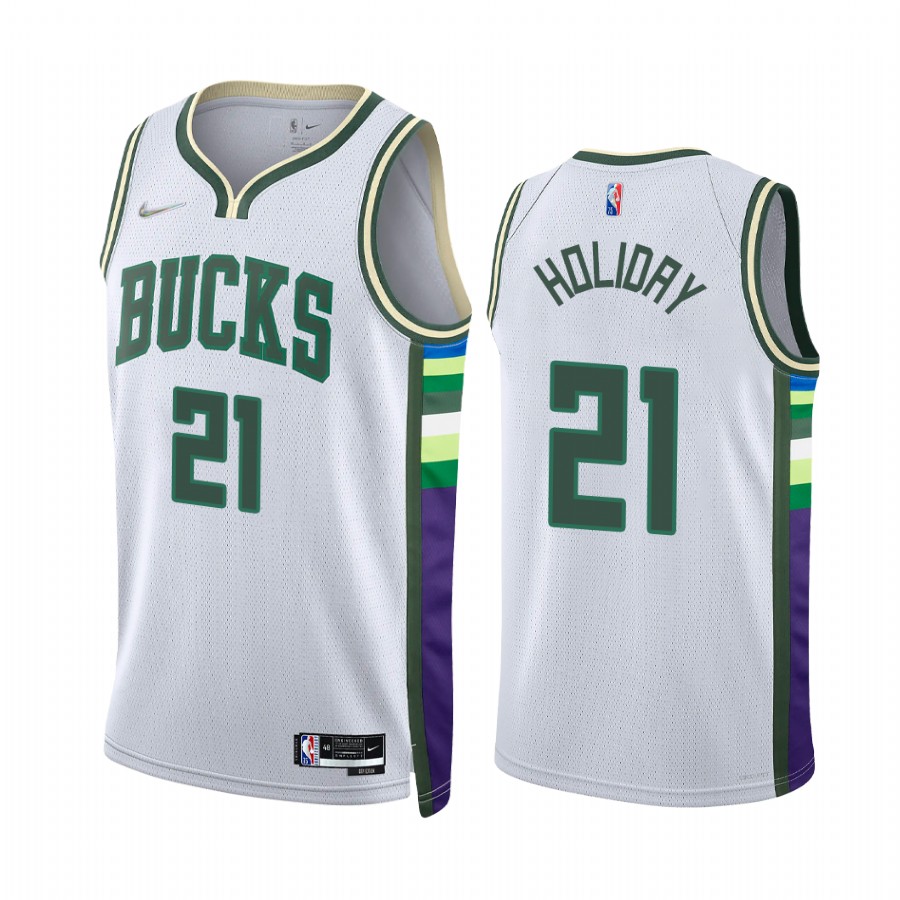 Bucks Jrue Holiday City Edition White 2021-22 Jersey Diamond 75th Anniversary