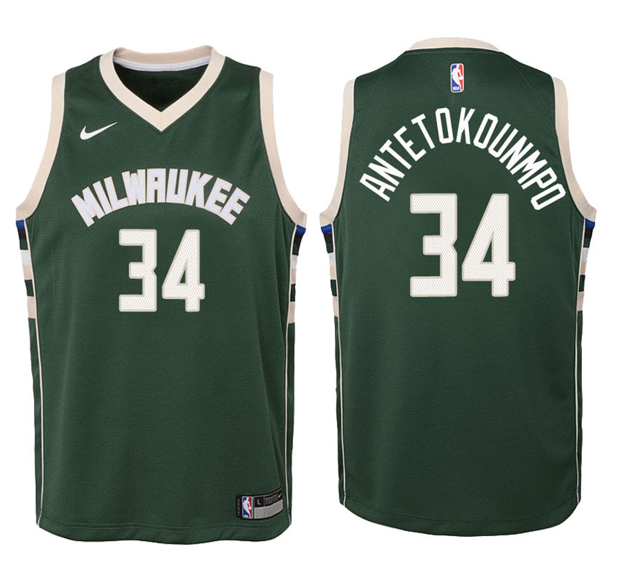 Bucks Youth Giannis Antetokounmpo #34 2017-18 Icon Green Jersey