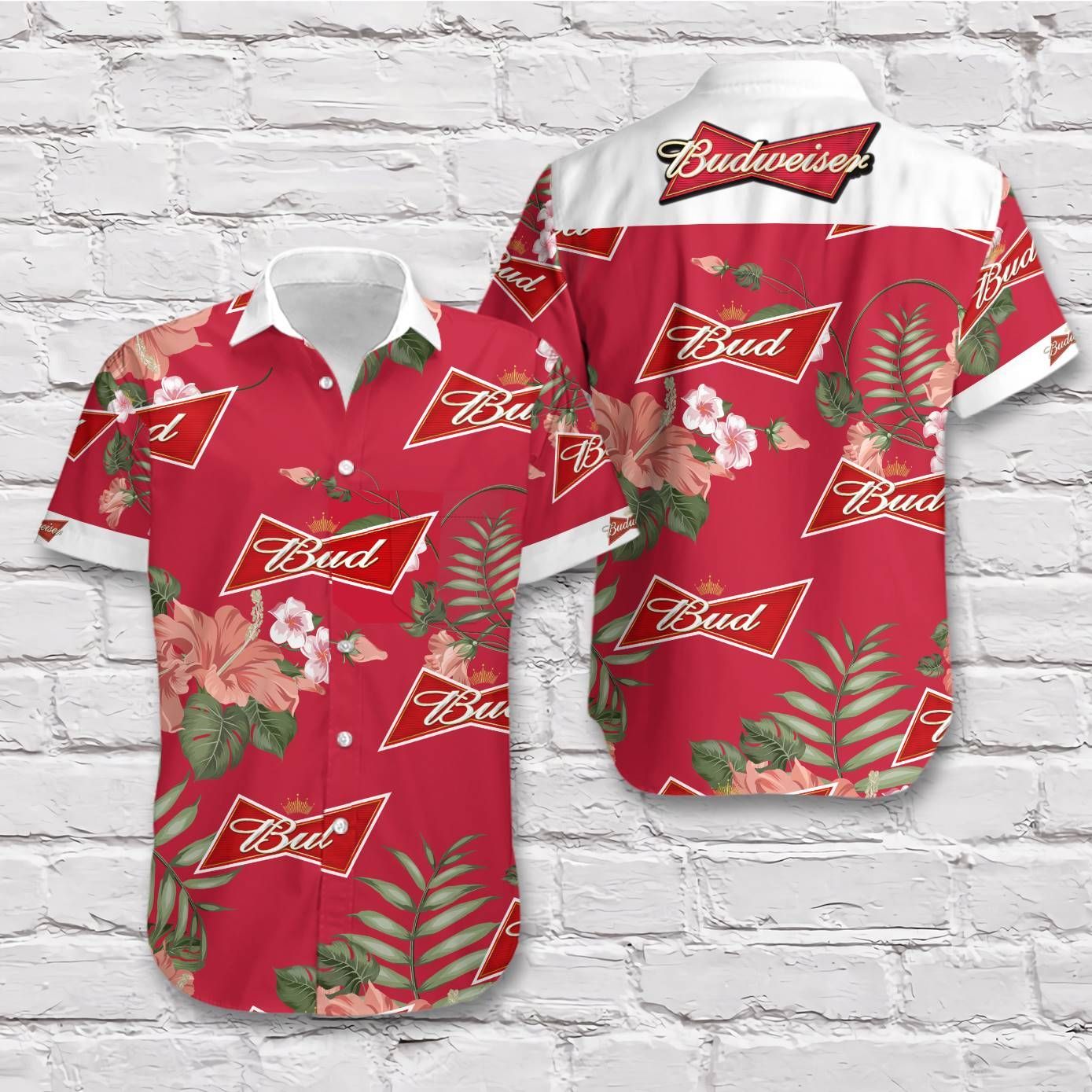 Budweiser Beer Red Hibiscus Flower Tropical Summer Hawaiian Men Shirt