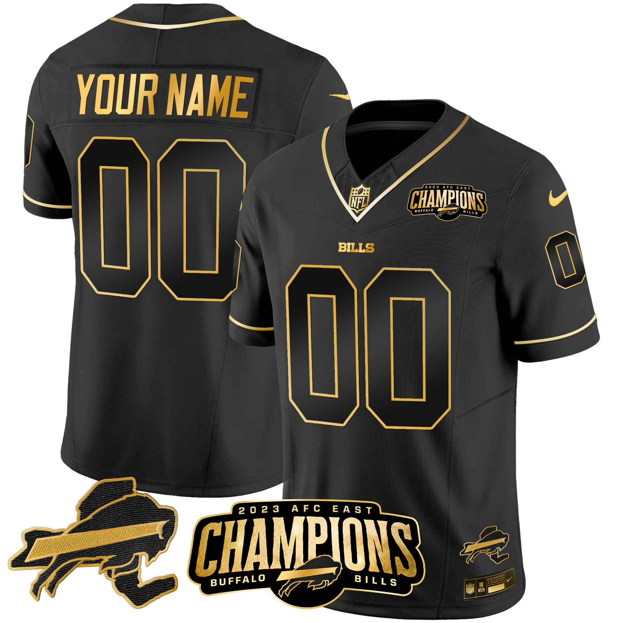 Buffalo Bills 2023 AFC East Champions Patch Gold Vapor Custom Black Gold Jersey - All Stitched 