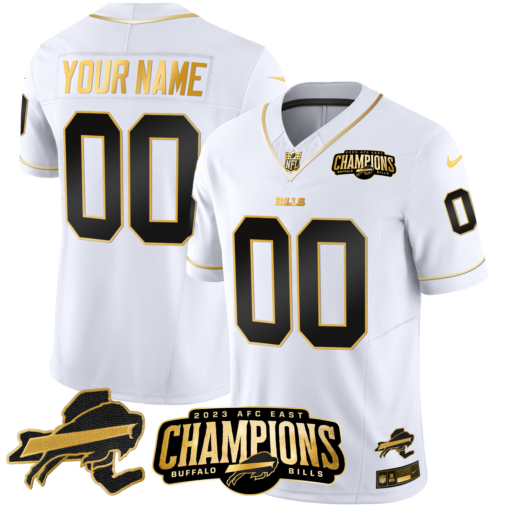 Buffalo Bills 2023 AFC East Champions Patch Gold Vapor Custom White Gold Jersey - All Stitched 