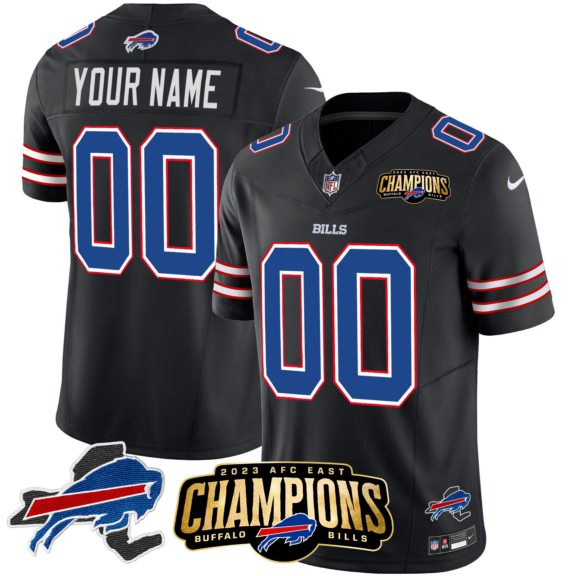 Buffalo Bills 2023 AFC East Champions Patch Vapor Custom Black Jersey - All Stitched 