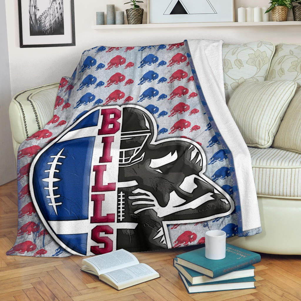 Buffalo Bills American Football Team Fleece Blanket Human Shield With Rugby Ball Buffalo Silhouette Patterns Fleece Blankets