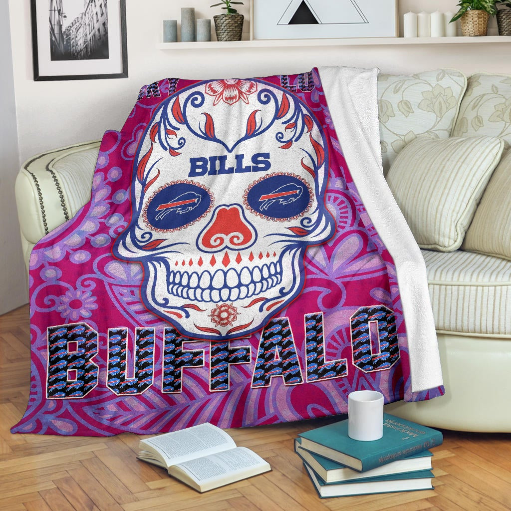 Buffalo Bills American Football Team Fleece Blanket Lucky Buffalo With Tattooed Skull Floral Fleece Blankets