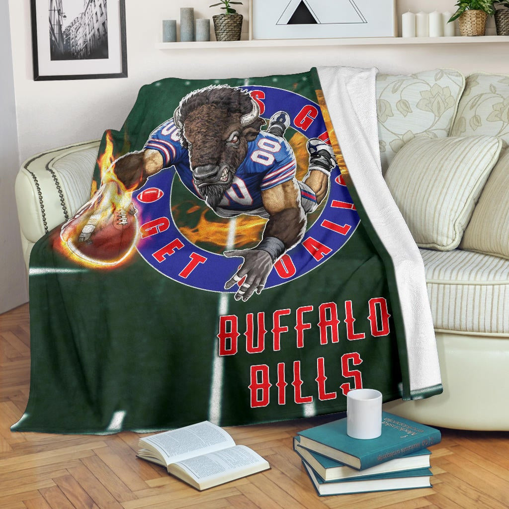 Buffalo Bills American Football Team Fleece Blanket Player With Buffalo Head Holding Flaming Rugby Fleece Blankets