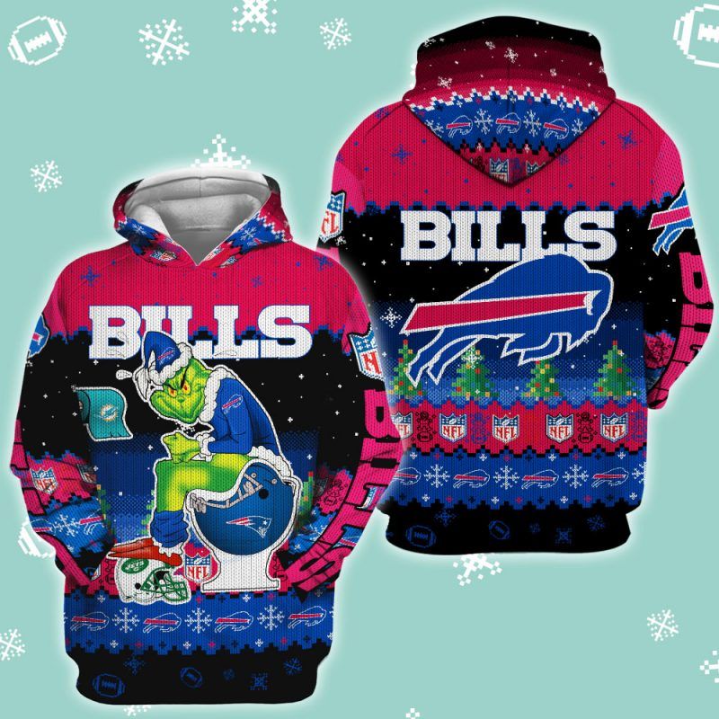 Buffalo bills christmas grinch in toilet knitting pattern 3D Hoodie
