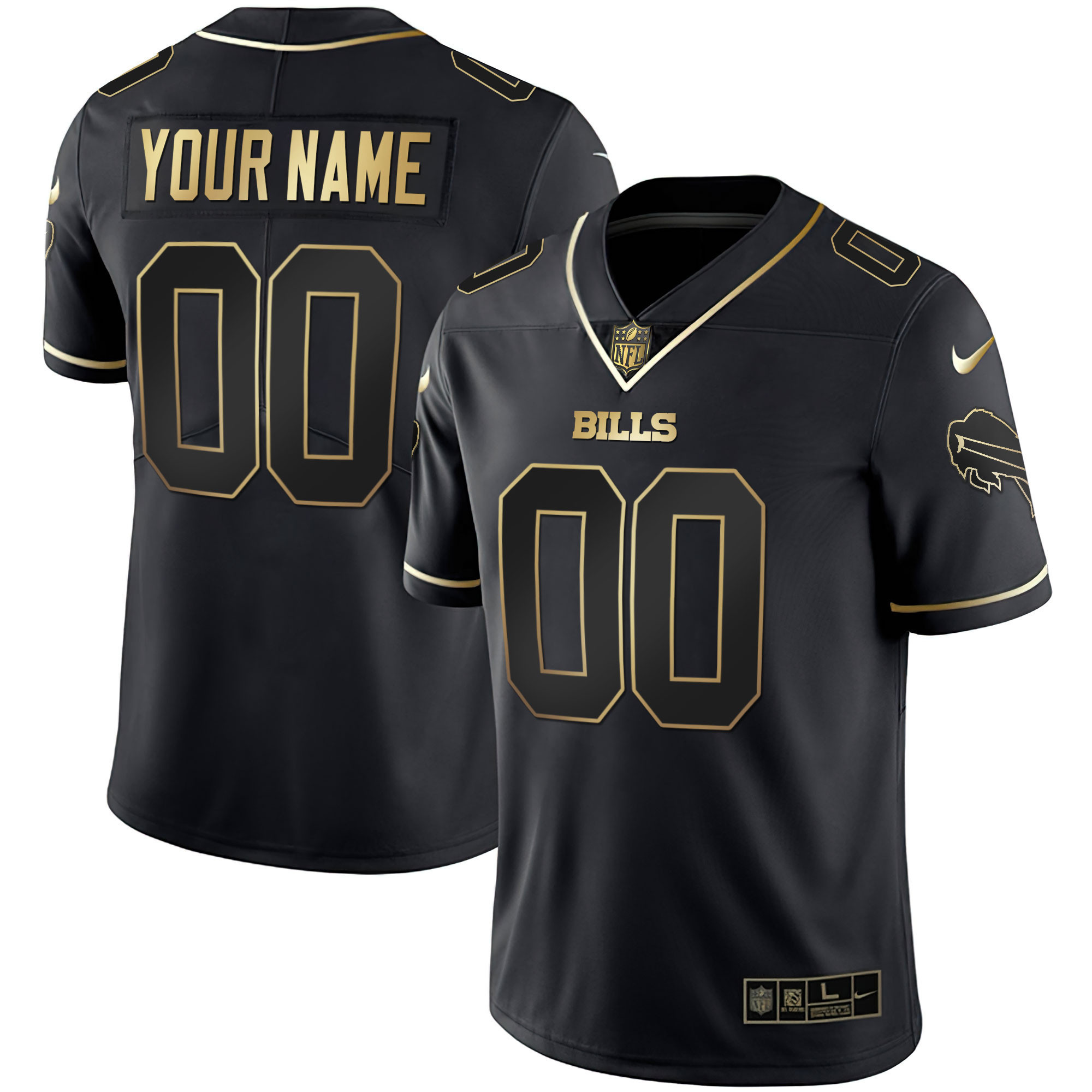 Buffalo Bills Gold and Split Custom Name and Number Black Gold Jersey - All Stitched 