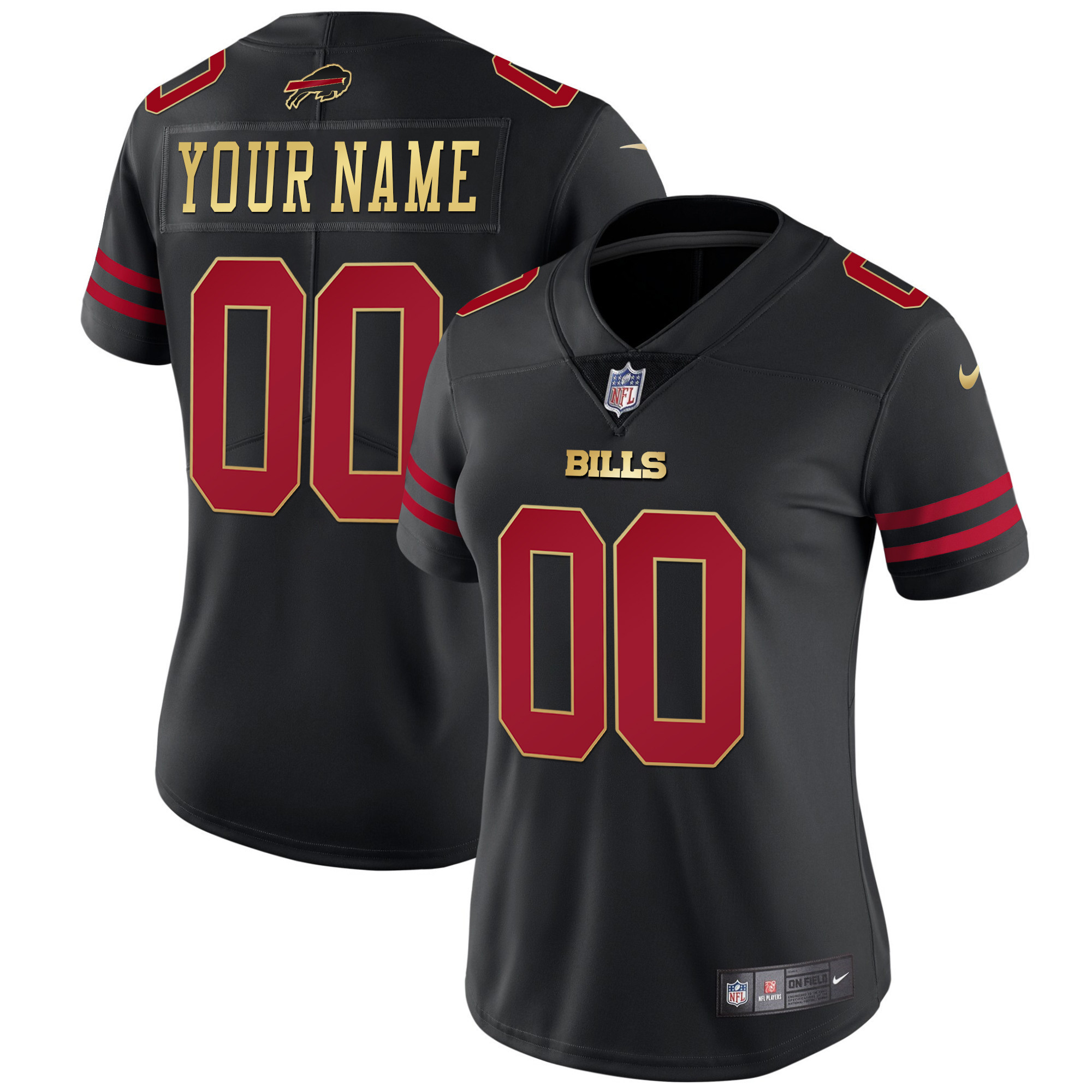 Buffalo Bills Gold and Split Custom Name and Number Black Red Jersey - All Stitched 