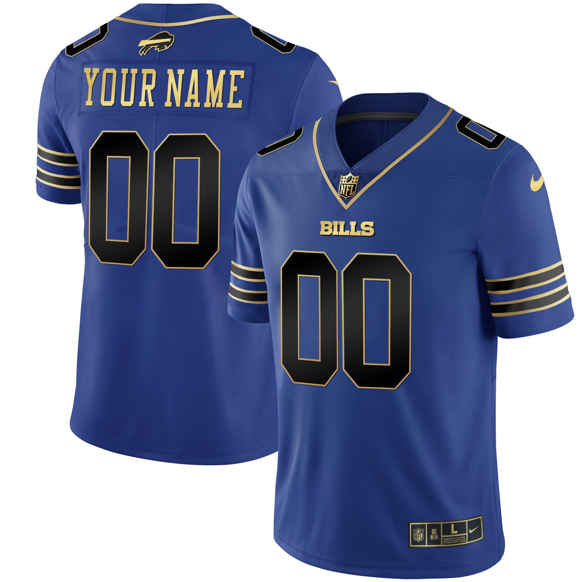 Buffalo Bills Gold and Split Custom Name and Number Royal Black Jersey - All Stitched 