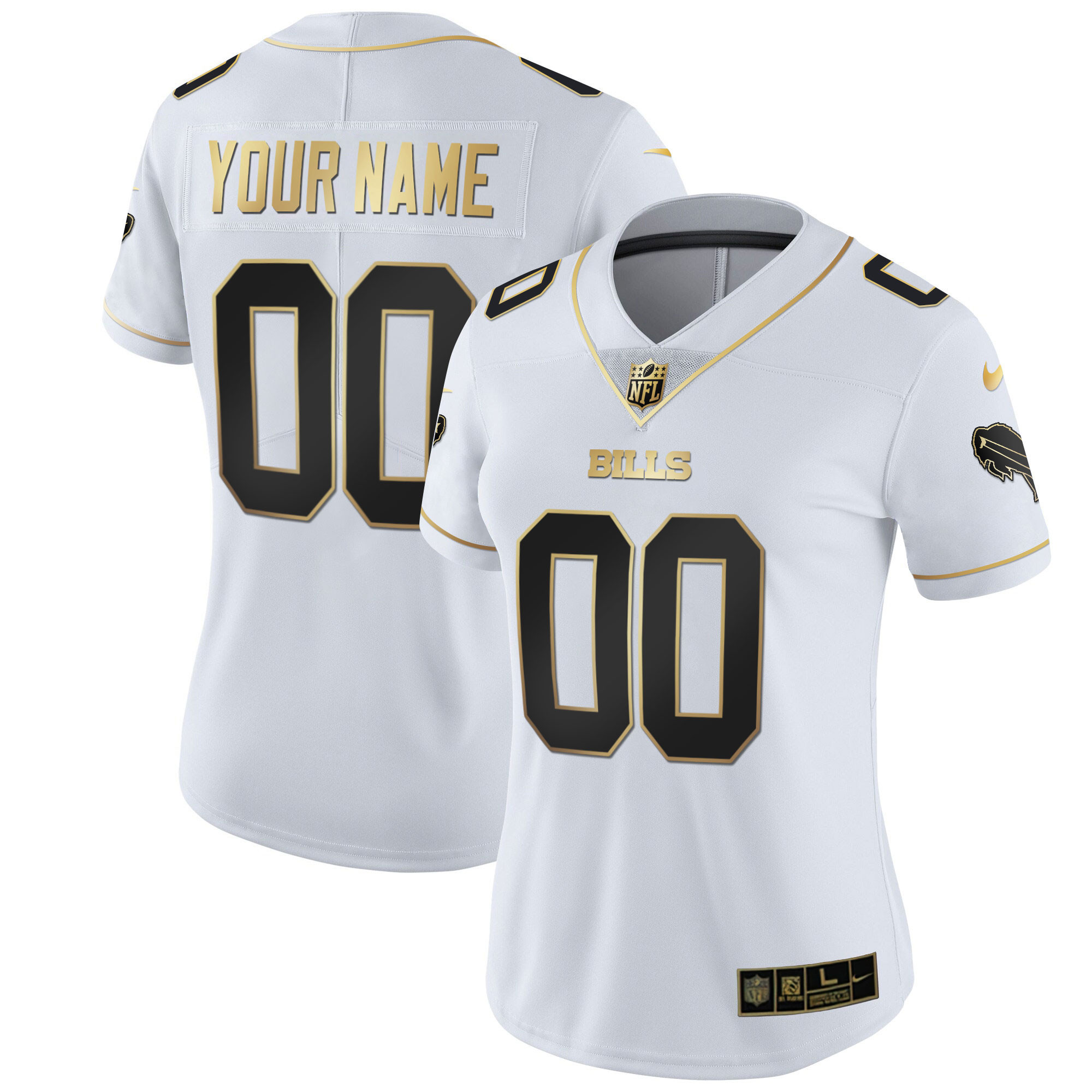 Buffalo Bills Gold and Split Custom Name and Number White Gold Jersey - All Stitched 