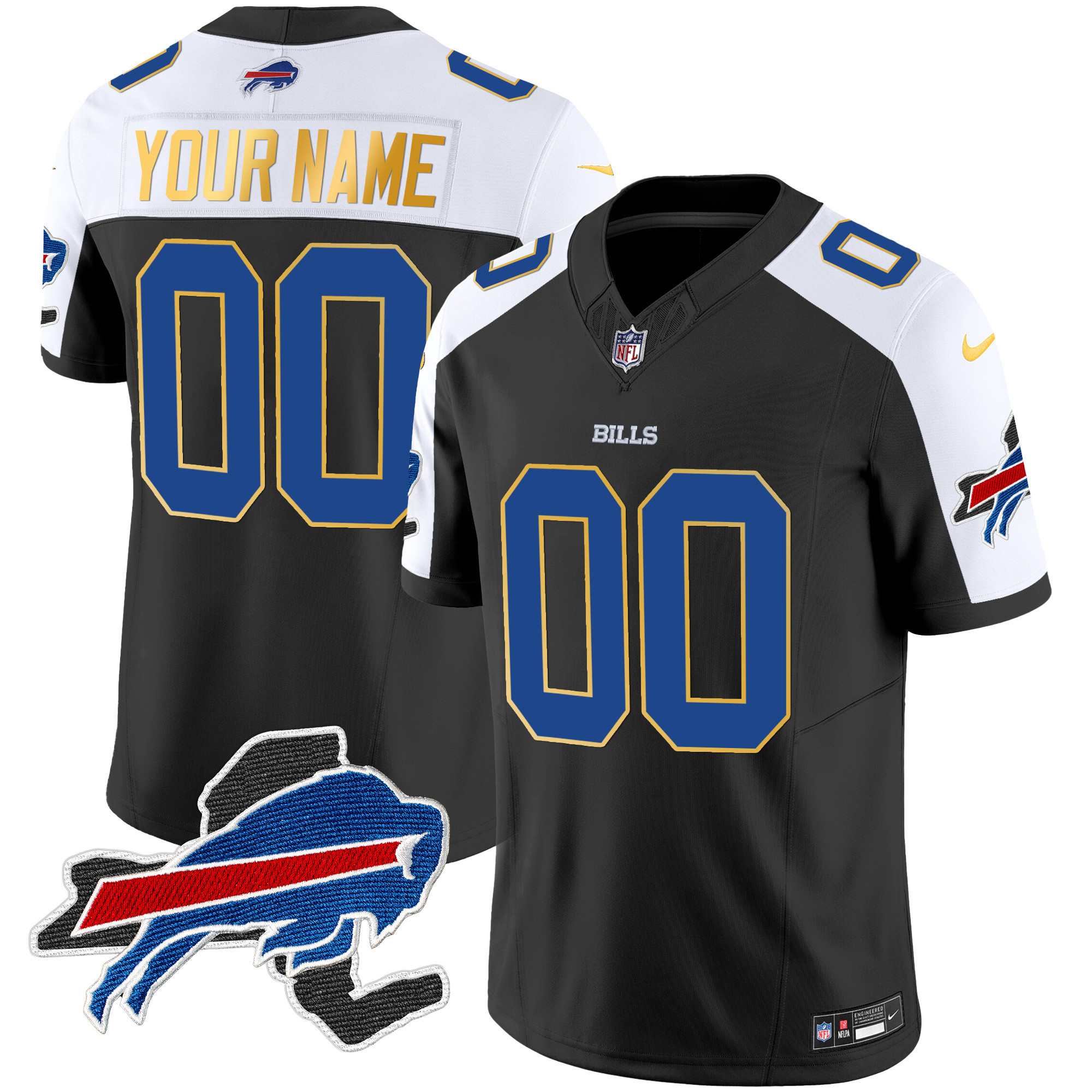 Buffalo Bills New York Patch Gold Trim Vapor Custom Black Alternate Jersey - All Stitched 
