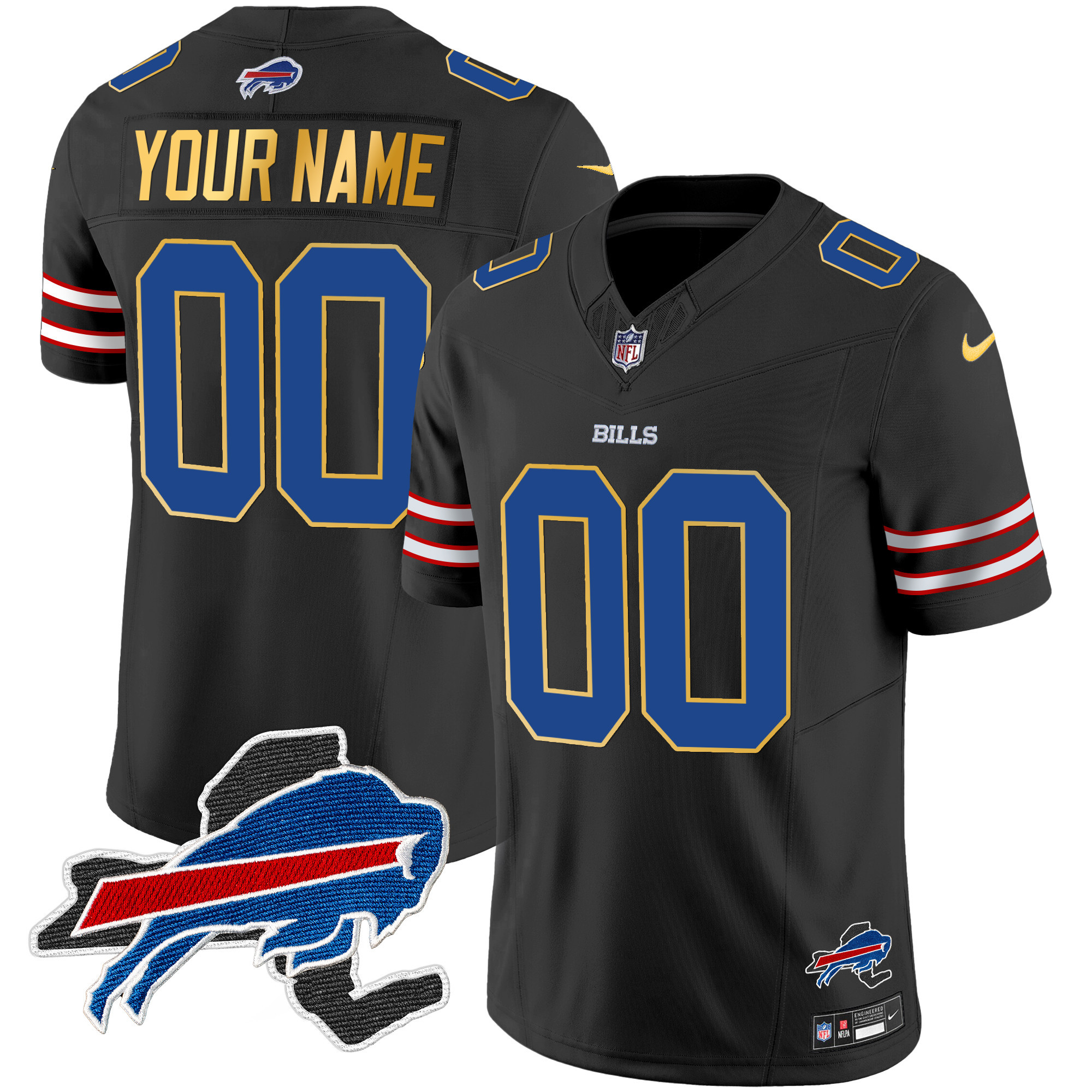Buffalo Bills New York Patch Gold Trim Vapor Custom Black Jersey - All Stitched 