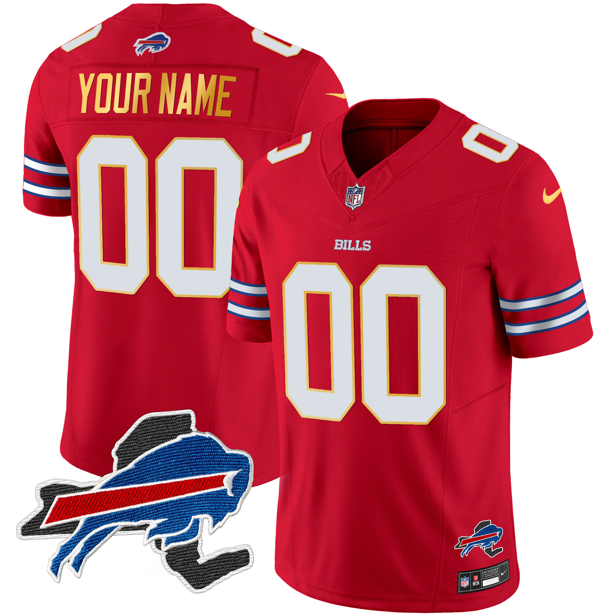 Buffalo Bills New York Patch Gold Trim Vapor Custom Red Jersey - All Stitched 