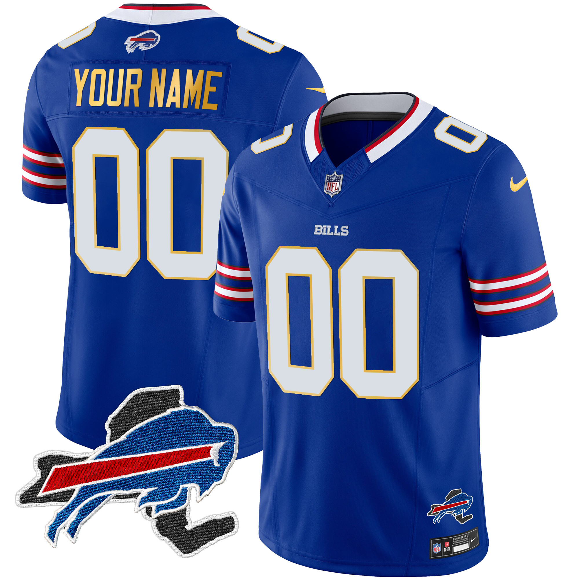Buffalo Bills New York Patch Gold Trim Vapor Custom Royal Jersey - All Stitched 