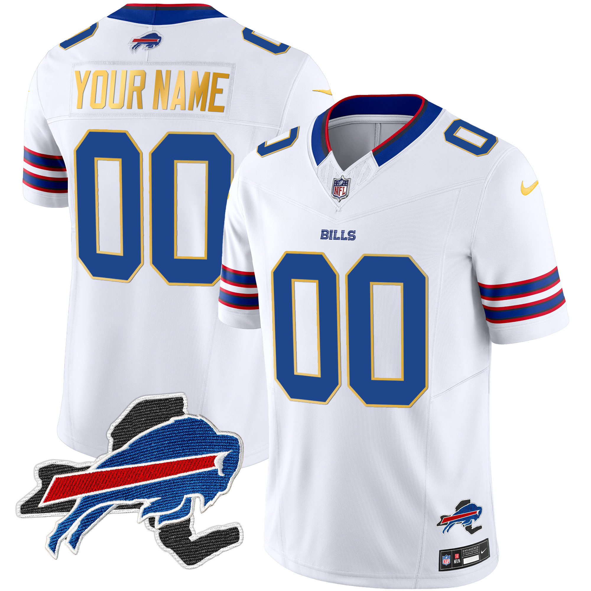 Buffalo Bills New York Patch Gold Trim Vapor Custom White Jersey - All Stitched 
