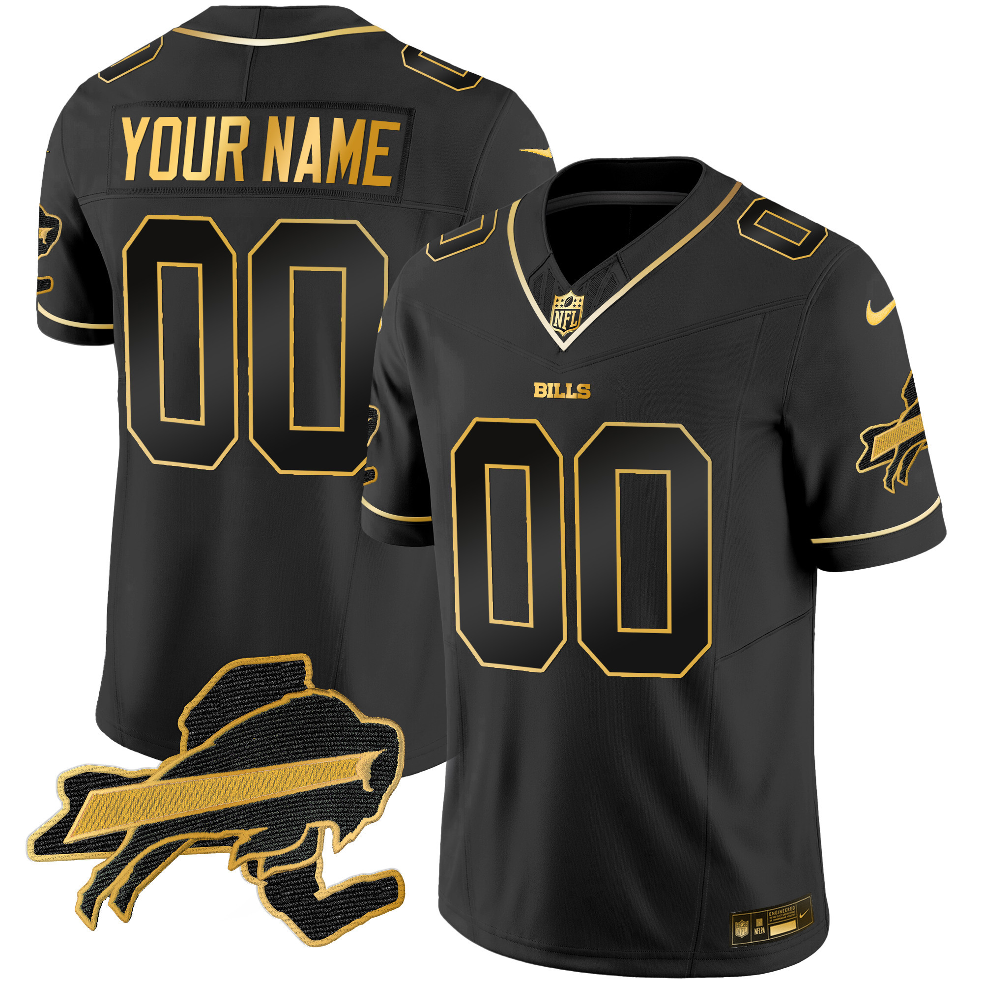 Buffalo Bills New York Patch Gold Vapor Limited Custom Black Gold Jersey - All Stitched 