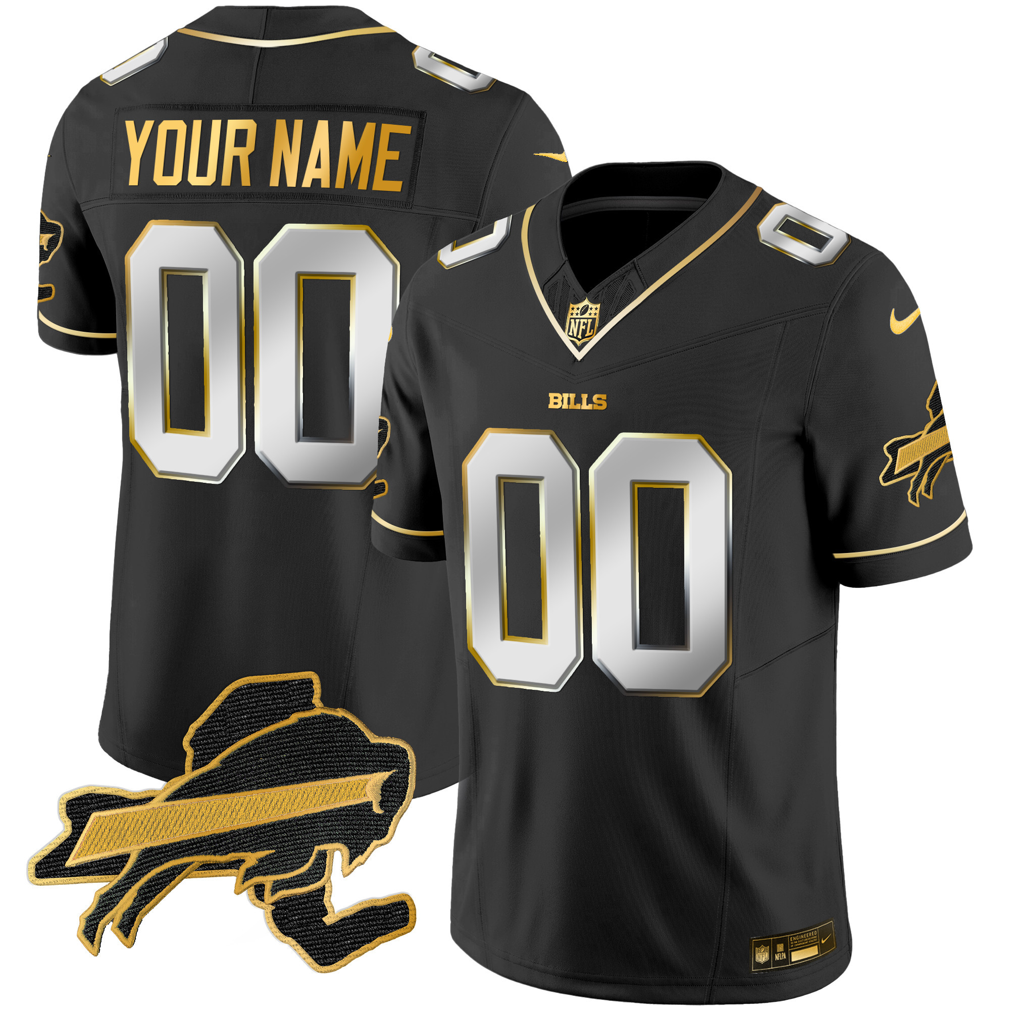 Buffalo Bills New York Patch Gold Vapor Limited Custom Black Limited Jersey - All Stitched 
