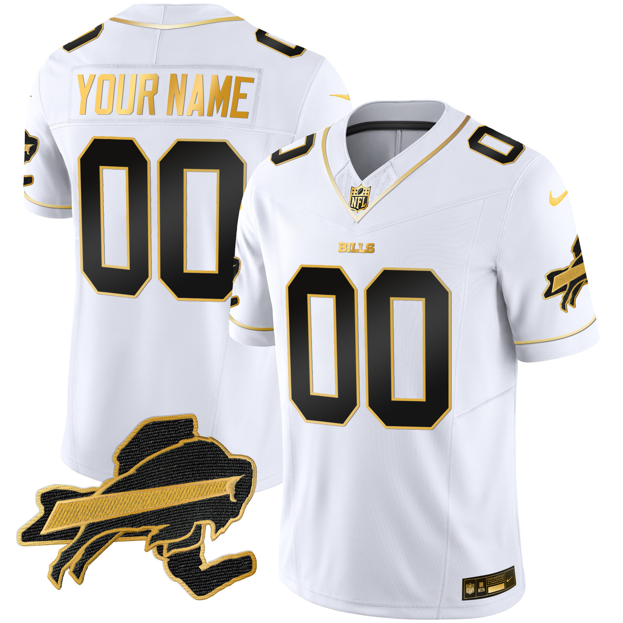 Buffalo Bills New York Patch Gold Vapor Limited Custom White Gold Jersey - All Stitched 