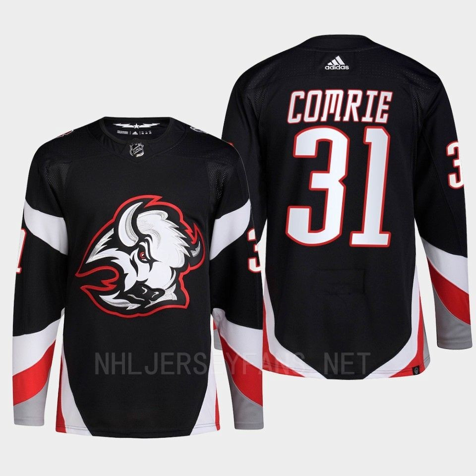 Buffalo Sabres 2022-23 Goathead Third Eric Comrie 31 Black Primegreen Stitched Jersey Men’s