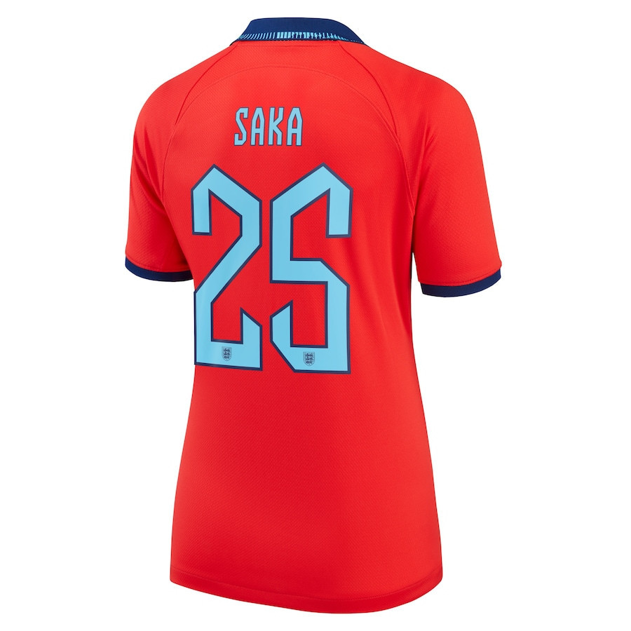 Bukayo Saka 25 England National Team 2022-23 World Cup Away Women Soccer Jersey – Red Bukayo Saka 25 England National Team 2022-23 World Cup Away Women Soccer Jersey – Red