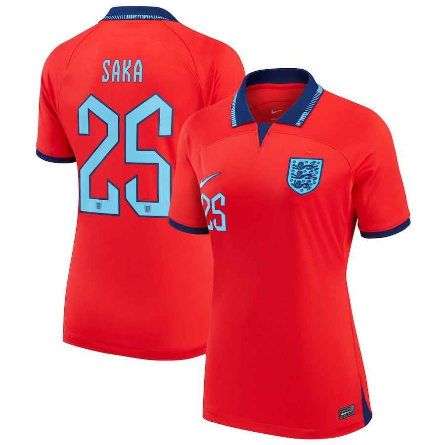 Bukayo Saka 25 England National Team 2022-23 World Cup Away Women Soccer Jersey – Red
