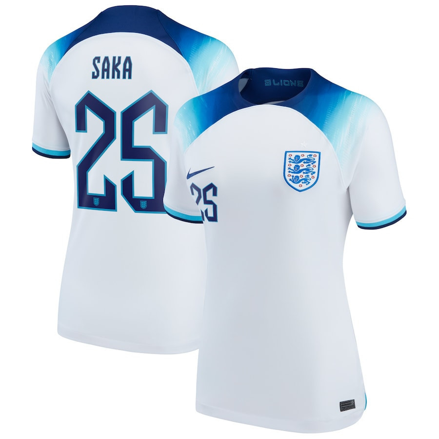 Bukayo Saka 25 England National Team 2022-23 World Cup Home Women Soccer Jersey – White