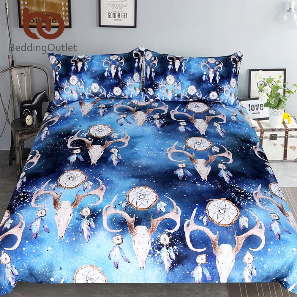 Bull Headkull Watercolor Galaxy Et Dreamcatcher Boho Blue 3D Customized Duvet Cover Bedding Set