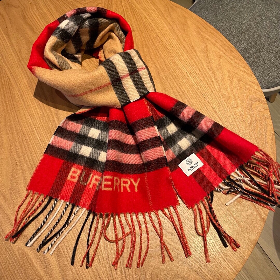 Burberry Contrast Check Cashmere Red/ Beige Scarf 180cm/71in 80504951