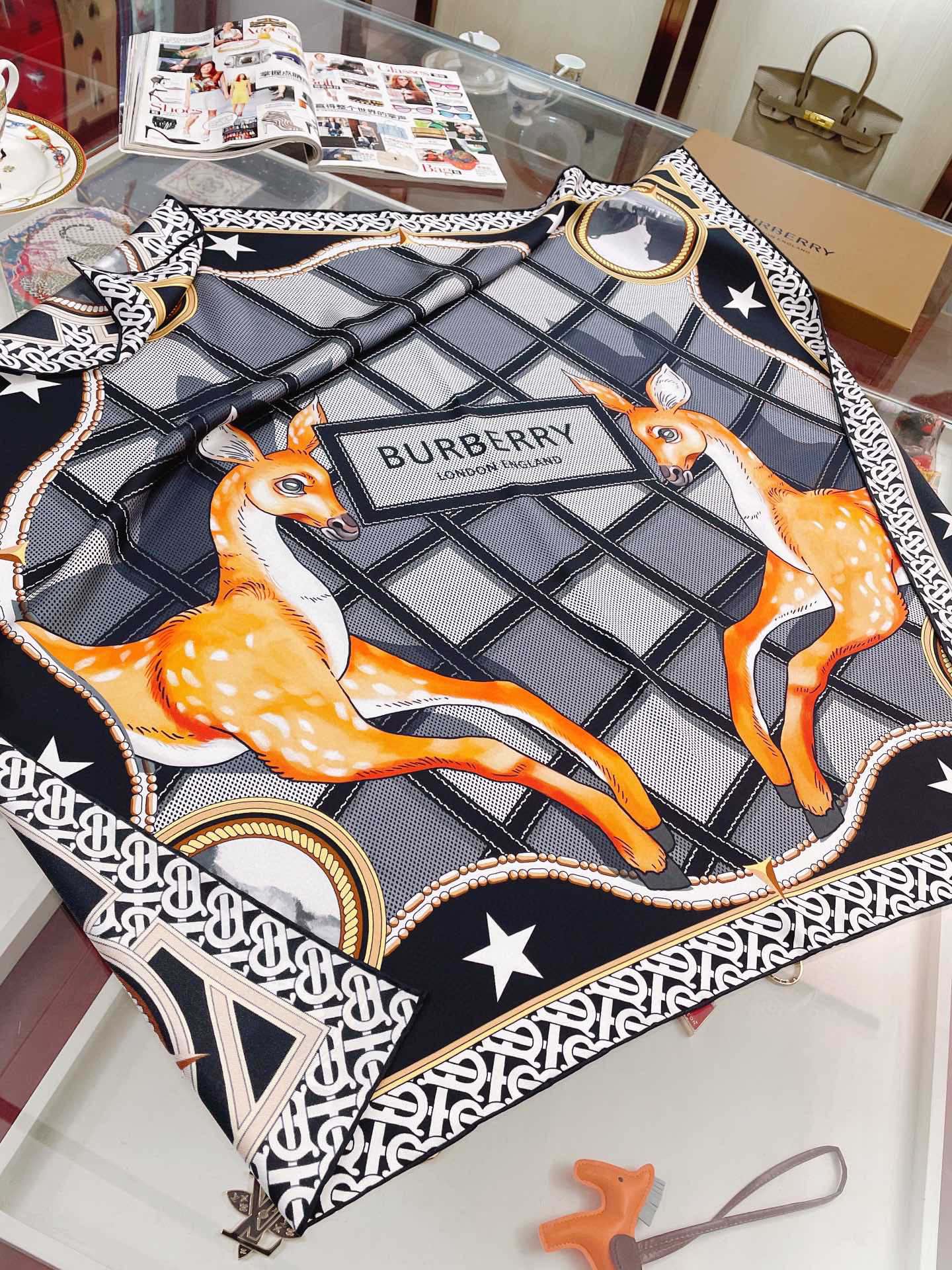 Burberry Deer Print Black Square Scarf 90cm/35in