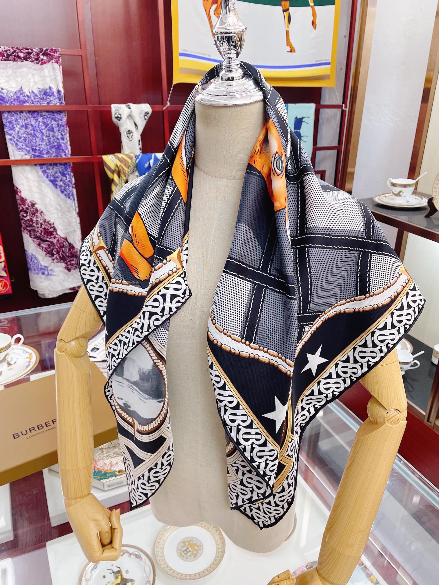 Burberry Deer Print Black Square Scarf 90cm/35in