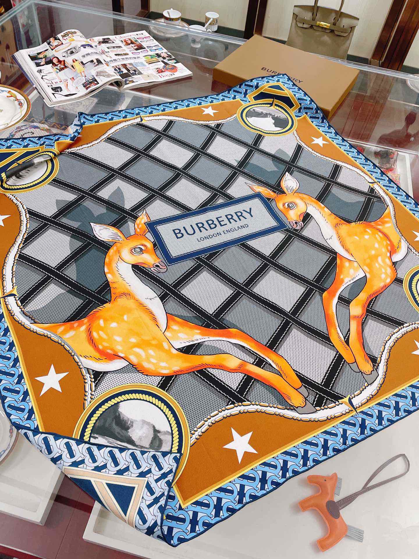 Burberry Deer Print Blue Square Scarf 90cm/35in