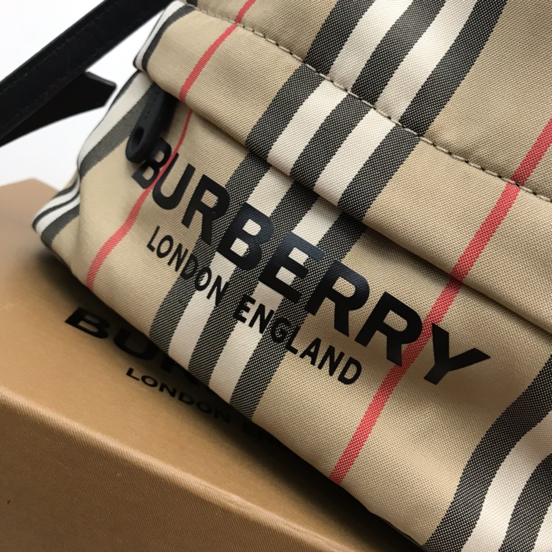 Burberry Icon Stripe Nylon Drawcord Pouch Archive Beige For Women, Women’s Bags 7.7in/19.5cm