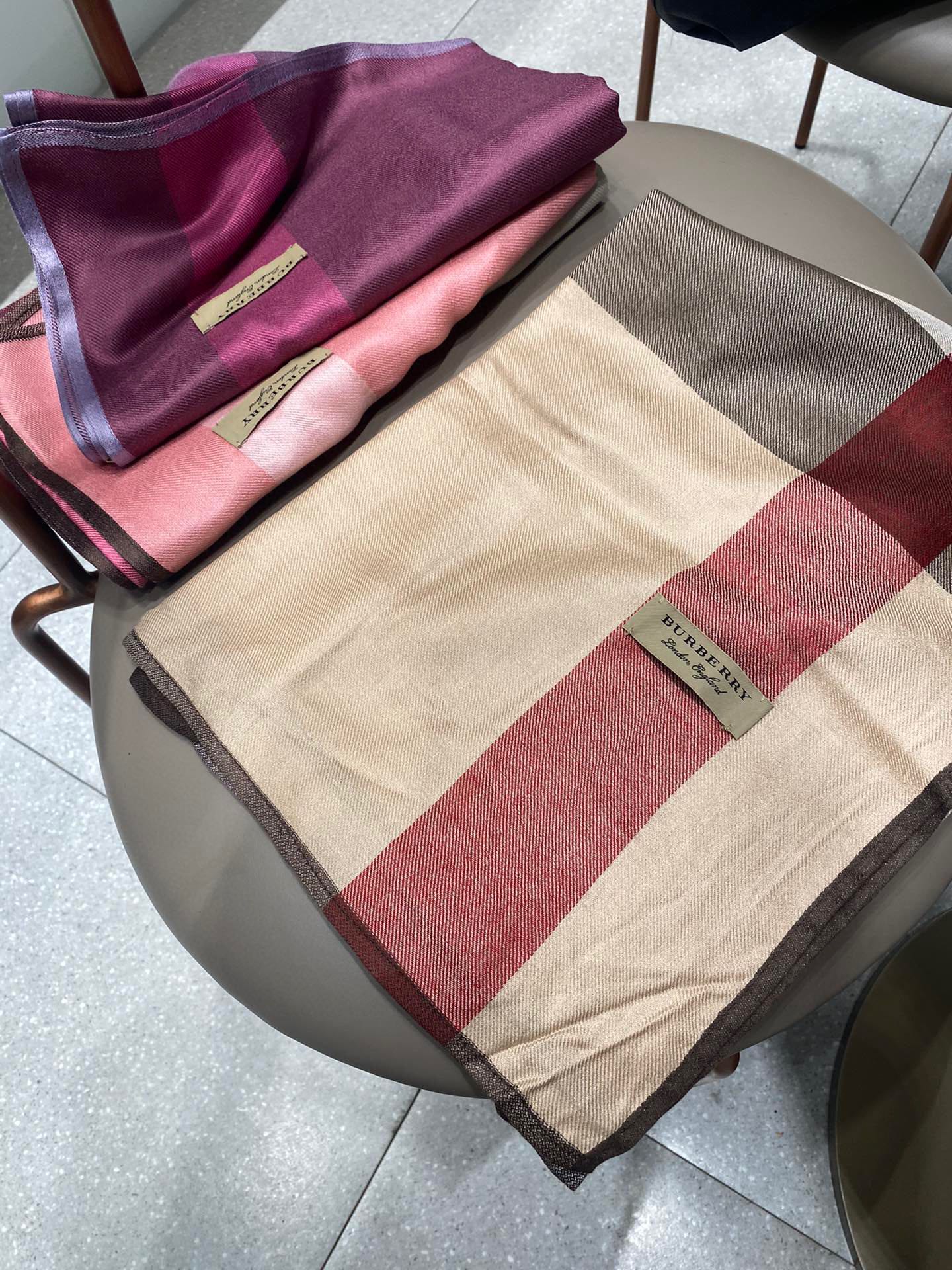 Burberry Lightweight Check Wool Silk Scarf Brown/Red/Grey 79in/200cm