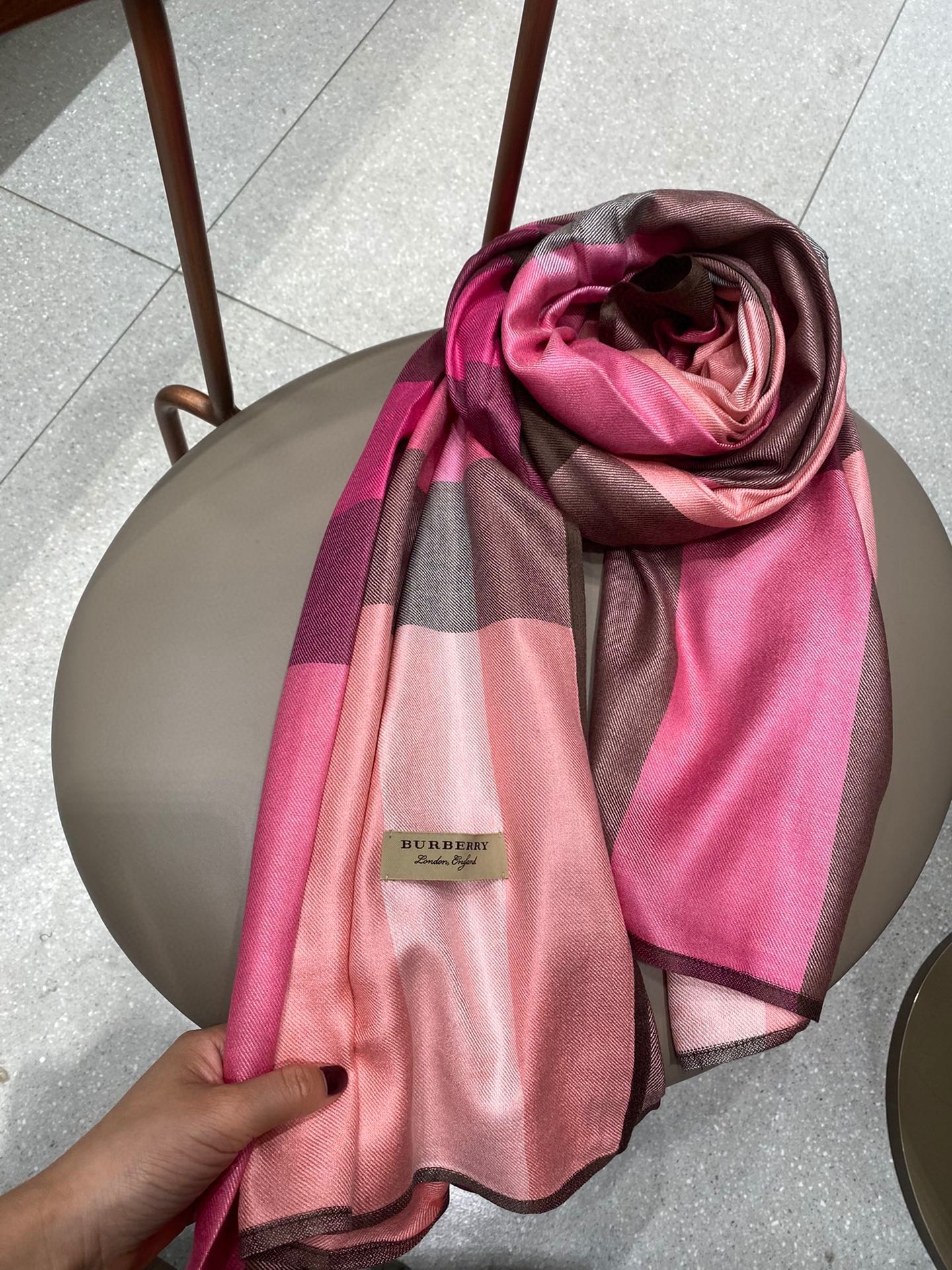 Burberry Lightweight Check Wool Silk Scarf Pink/Purple/Brown 79in/200cm