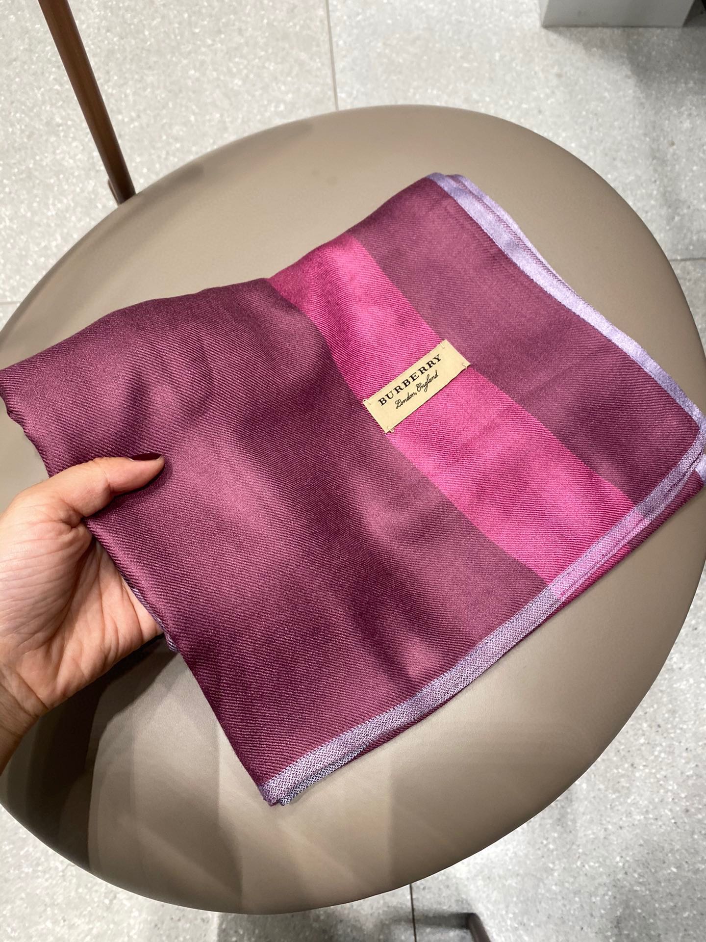 Burberry Lightweight Check Wool Silk Scarf Purple/Pink/Grey 79in/200cm