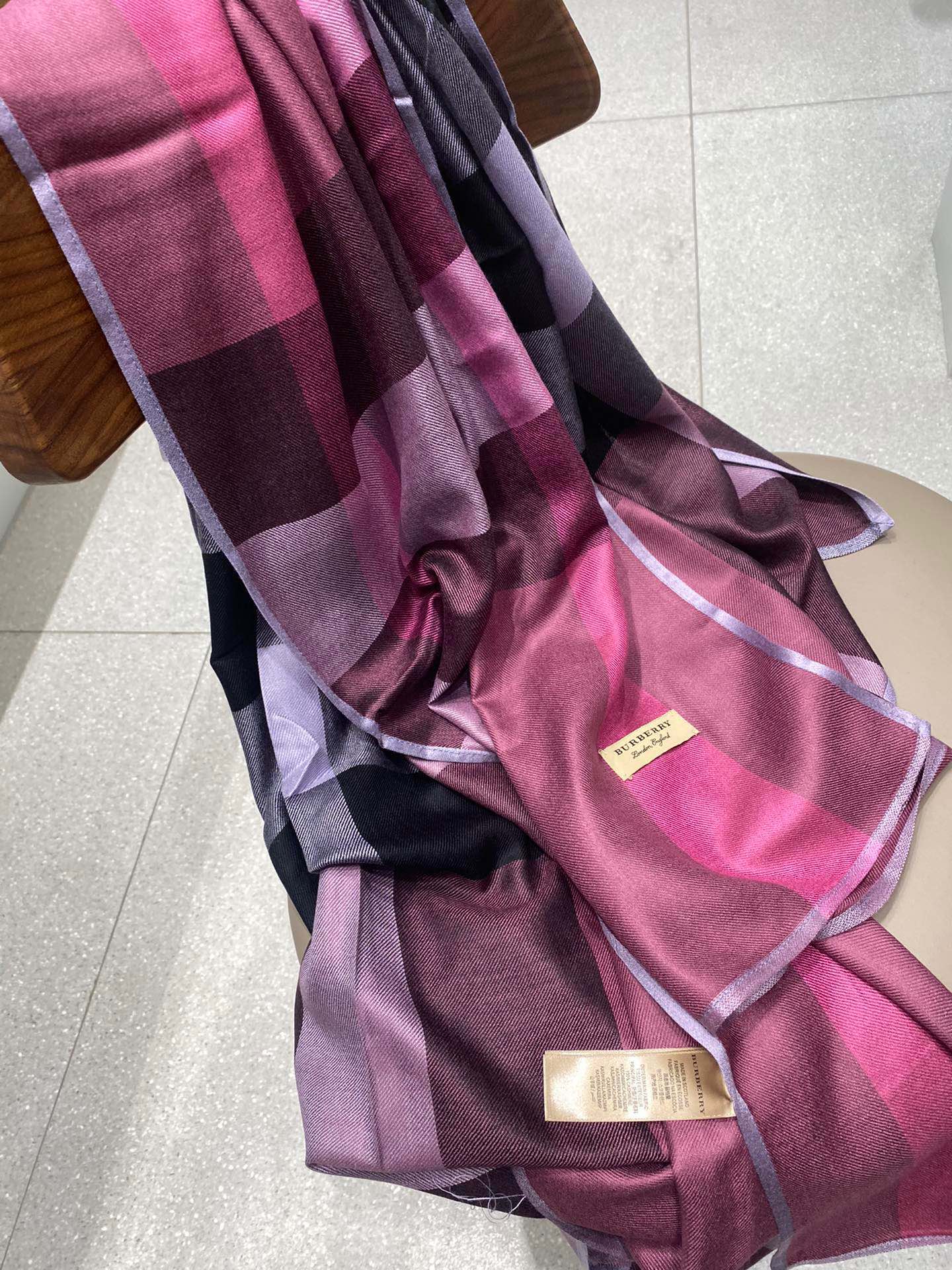 Burberry Lightweight Check Wool Silk Scarf Purple/Pink/Grey 79in/200cm