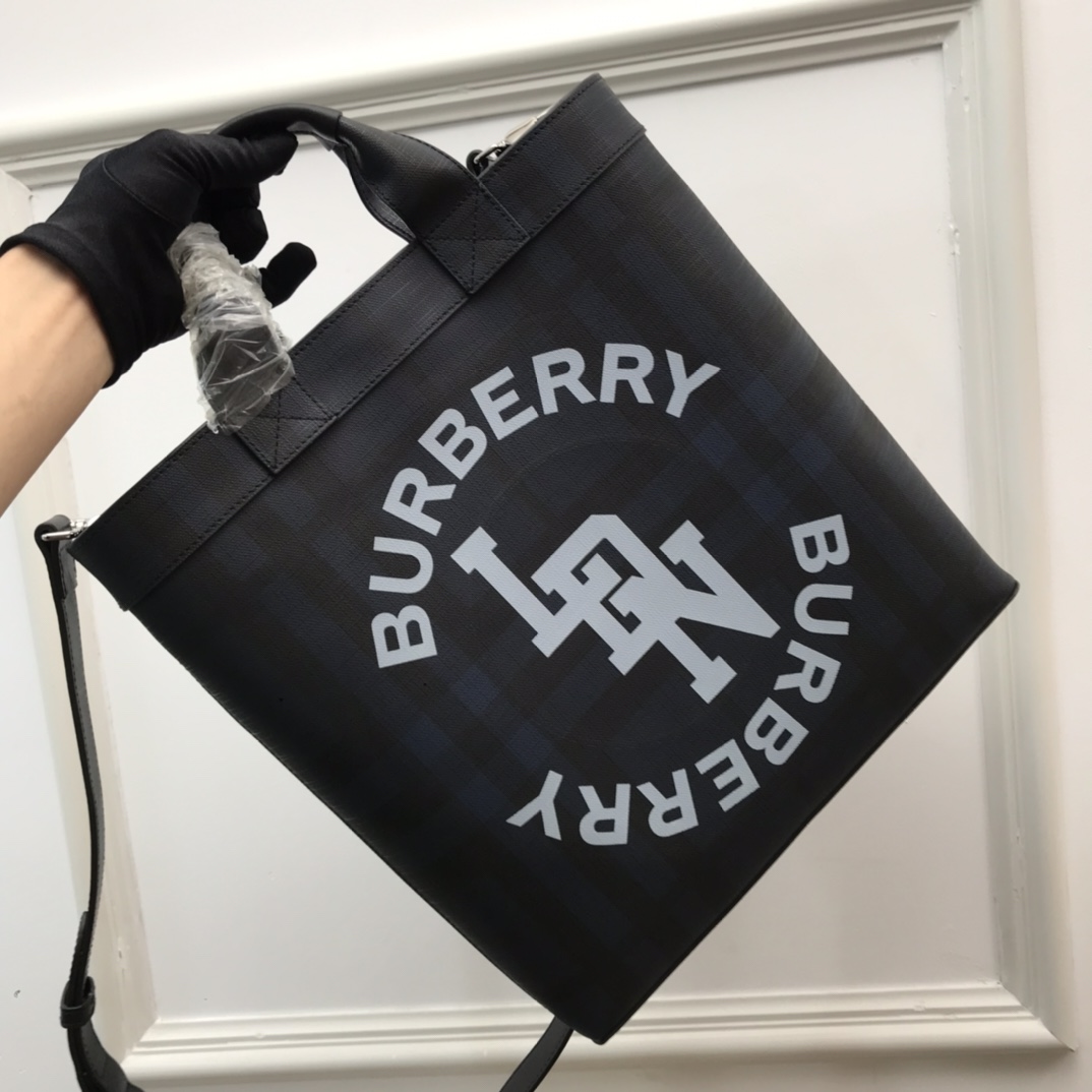 Burberry Logo Graphic Convertible Tote London Check Canvas Large For Men, Men’s Bags 15in/38cm
