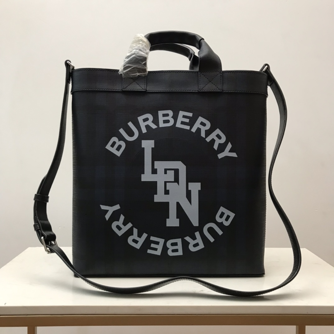 Burberry Logo Graphic Convertible Tote London Check Canvas Large For Men, Men’s Bags 15in/38cm