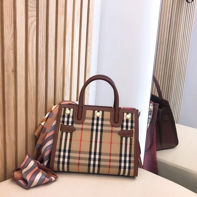 Burberry Mini Vintage Check Two-handle Title Bag Archive Beige For Women, Women’s Bags 10.2in/26cm 80252671