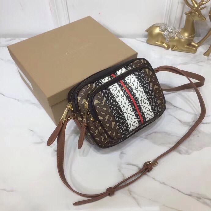 Burberry Monogram Stripe E-Canvas Camera Bag Bridle Brown For Women, Women’s Bags 19.5cm/7.7cm